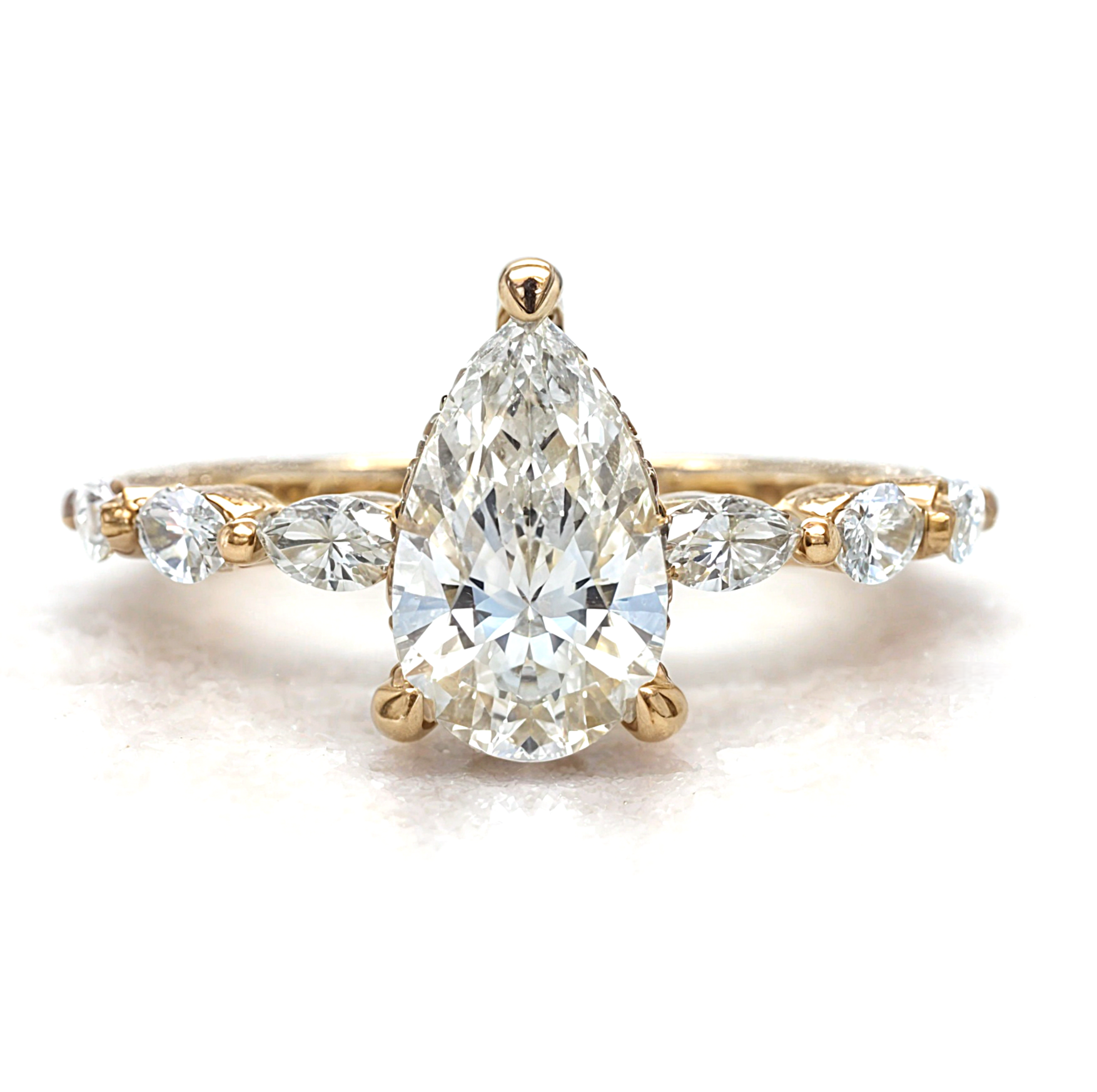 Aline – " 3ct " Pear Solitaire in 18k Gold with 3 Marquise Side Stones & Hidden Halo (Ready) - Prime & Pure
