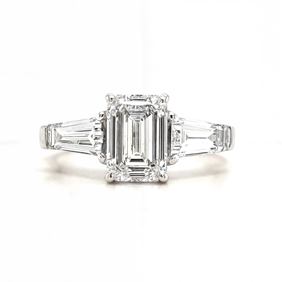 Parker - " 2ct " Emerald Solitaire in 18k Gold with Tapered Baguette Side Stones - Prime & Pure