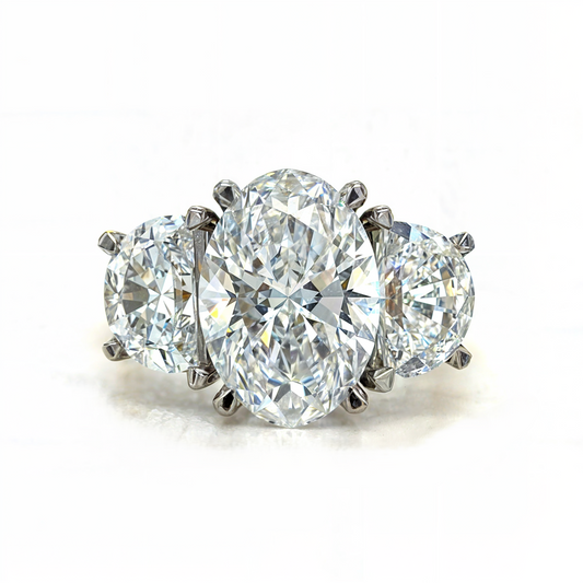 Georgia - " 3ct " Oval in 18k Gold with Half Moon Diamonds Trilogy Ring (Ready) - Prime & Pure