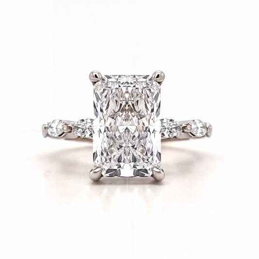 Joseline – " 3.02ct " Radiant Solitaire in 18k Gold with Marquise Side Diamonds & Hidden Halo - Prime & Pure
