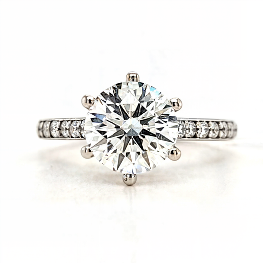 Zoe – " 2ct " Round Solitaire in 18k Gold 6 Prong set with Pavé Band (Ready) - Prime & Pure