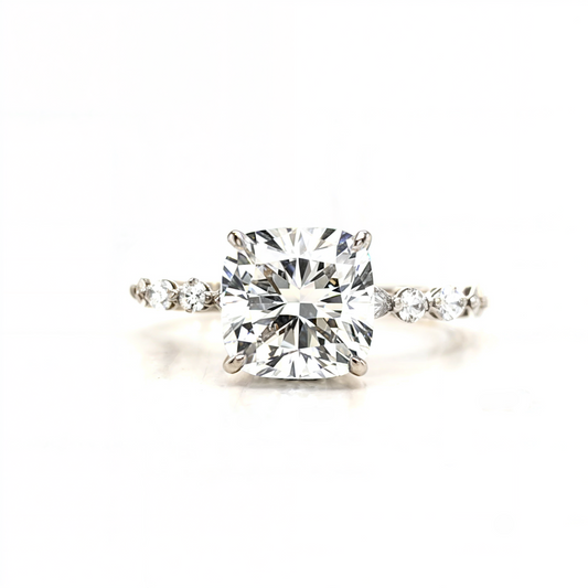Selena – " 3ct " Cushion Solitaire in 18k Gold with Hidden Halo - Marquise and Round Side Stones (Ready) - Prime & Pure