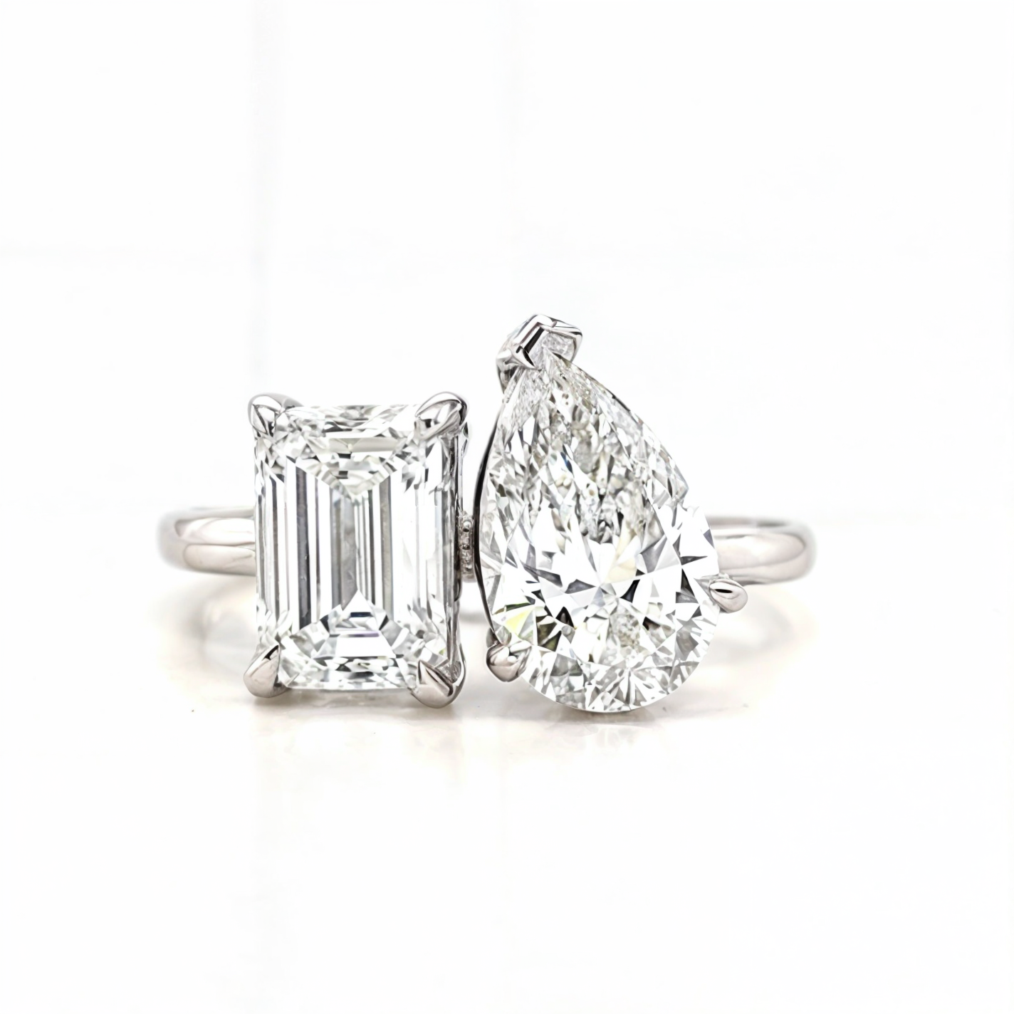 Dina – " 1ct Pear cut and 1ct Emerald cut " Toi et Moi Engagement Ring in 18k Gold with Plain Band (Ready) - Prime & Pure