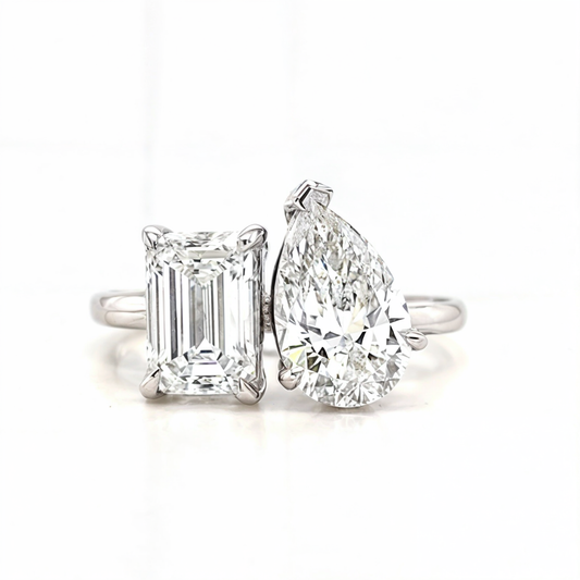 Dina – " 1ct Pear cut and 1ct Emerald cut " Toi et Moi Engagement Ring in 18k Gold with Plain Band (Ready) - Prime & Pure