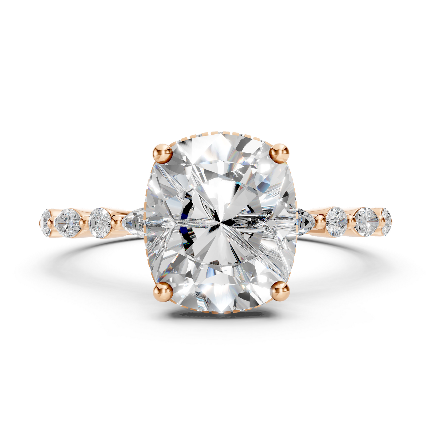 Nora – Elongated Cushion Solitaire with Hidden Halo - Marquise and Round Side Stones