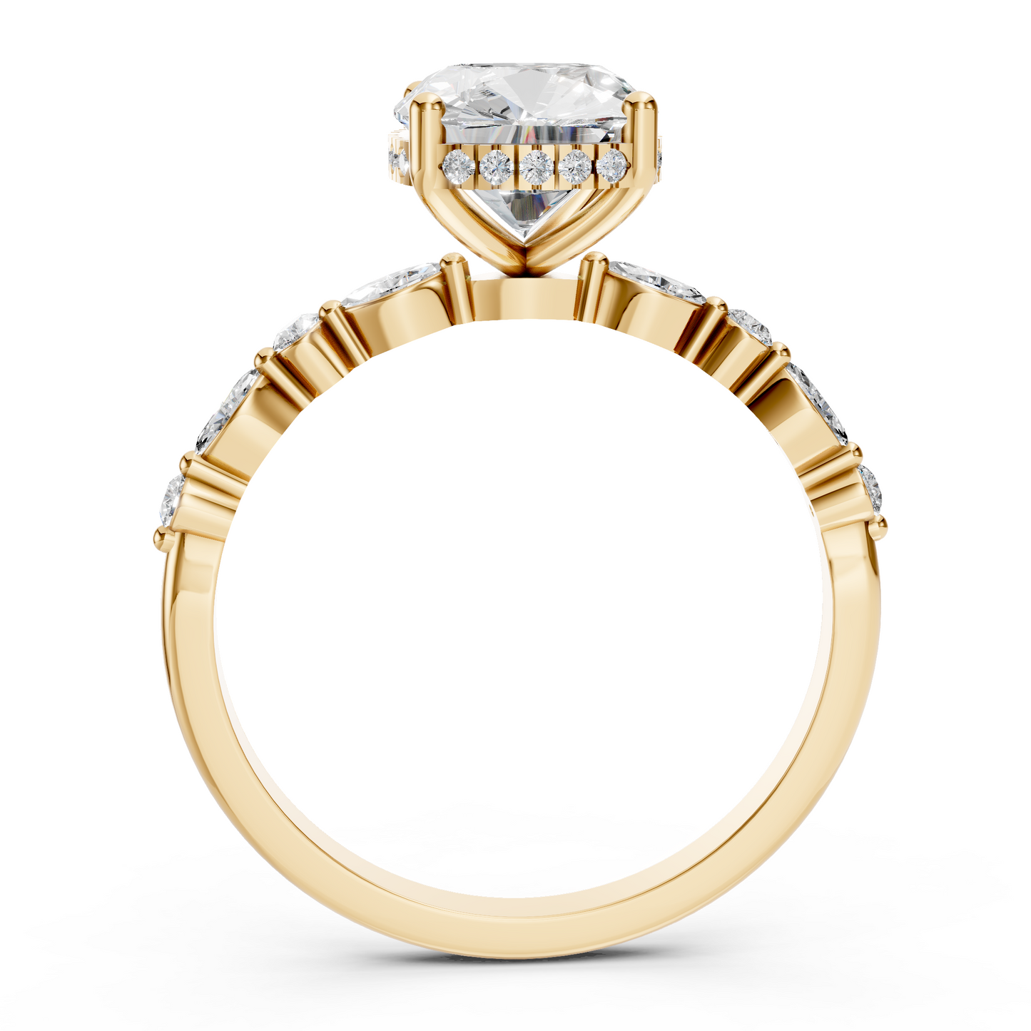 Nora – Elongated Cushion Solitaire with Hidden Halo - Marquise and Round Side Stones