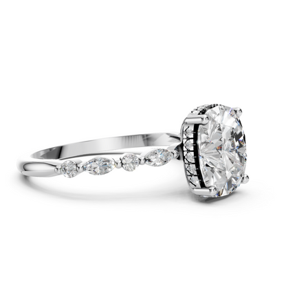 Nora – Elongated Cushion Solitaire with Hidden Halo - Marquise and Round Side Stones