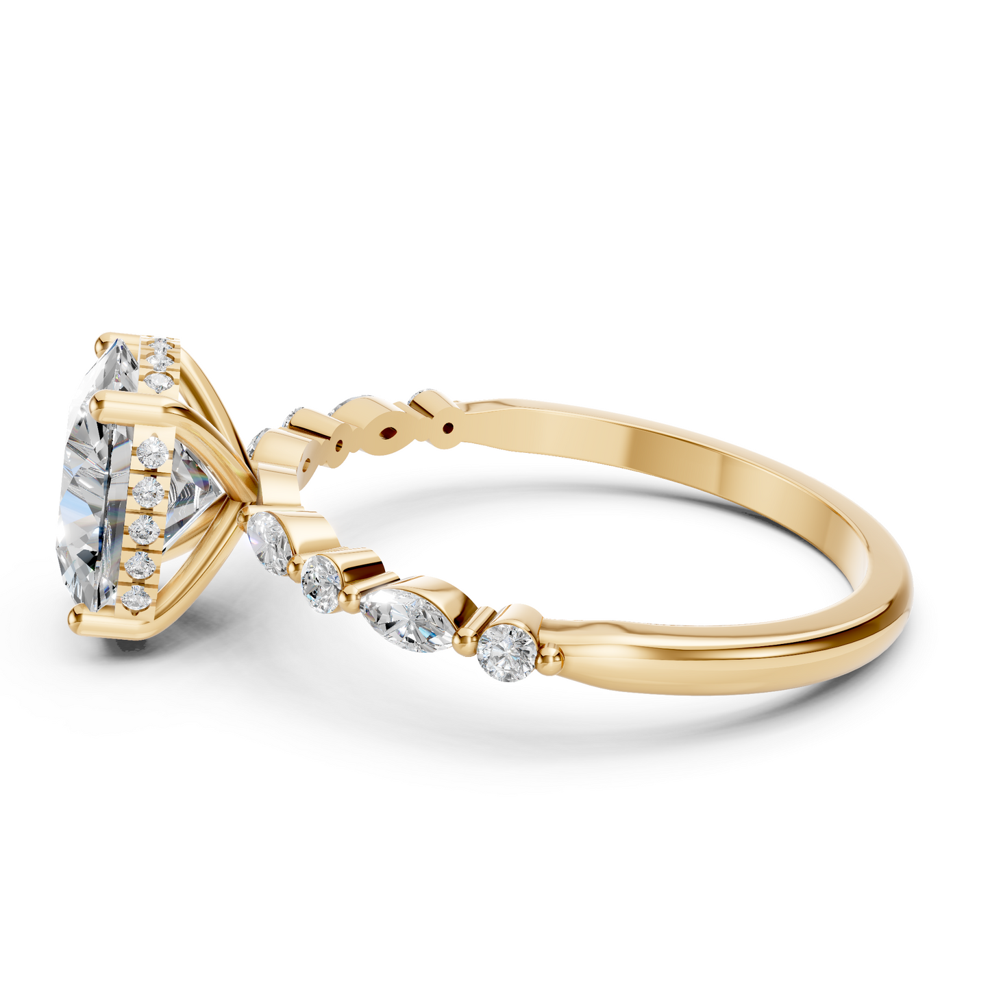 Nora – Elongated Cushion Solitaire with Hidden Halo - Marquise and Round Side Stones